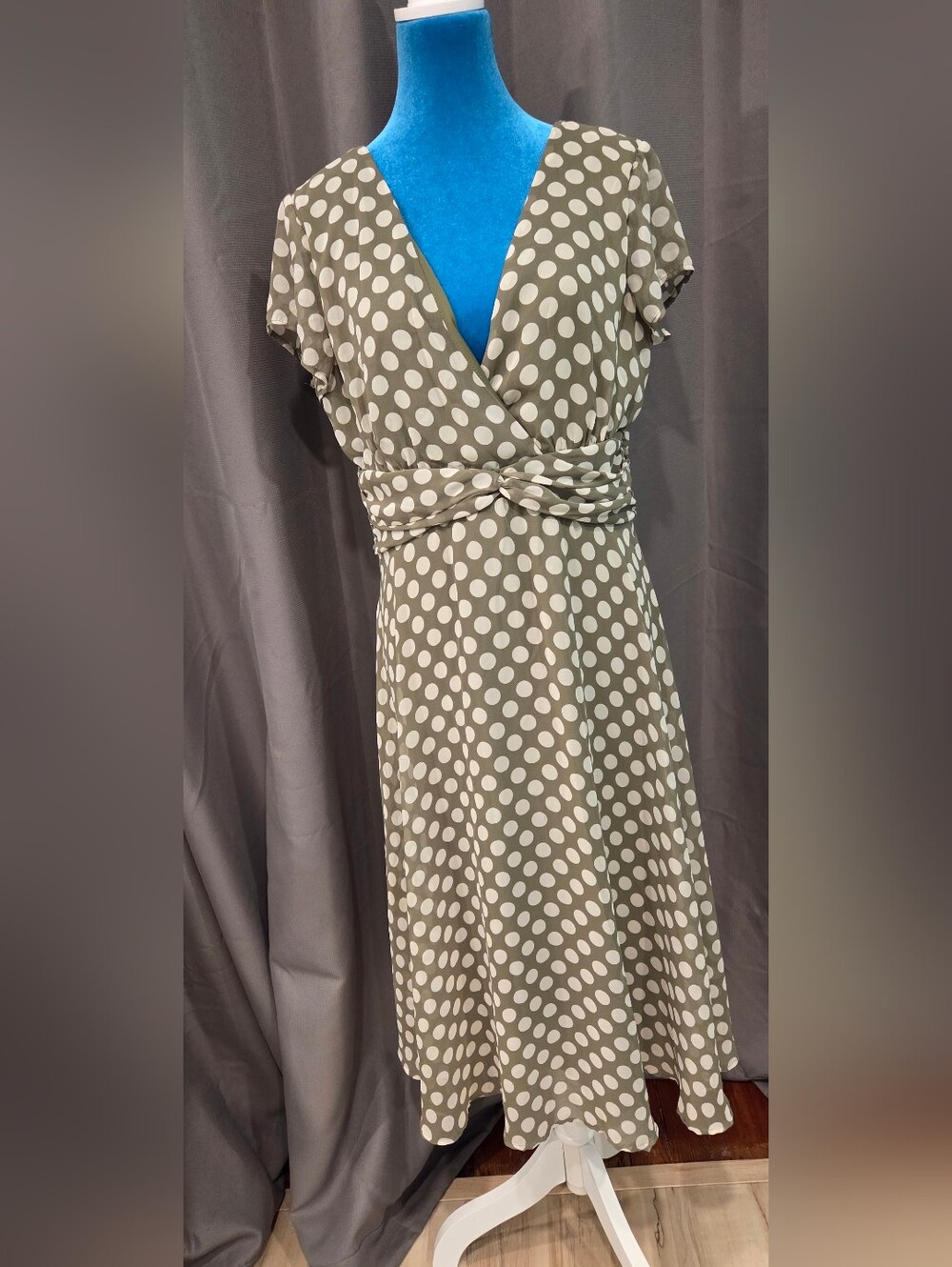 BUY ONE GET ONE HALF OFF Polka Dot Wrap Midi Dress in Olive and Cream